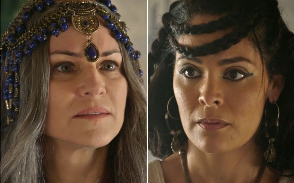 Montagem com a atriz Adriana Garambone como Sarai à esquerda e a atriz Hylka Maria como Agar à direita em cenas de Gênesis