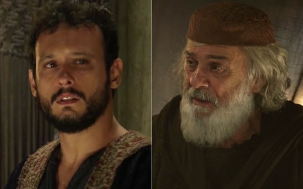 Montagem dos atores Guilherme Dellorto e Zécarlos Machado em cena de Gênesis