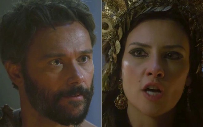 Montagem com os atores Angelo Paes Leme e Camila Rodrigues em cena de Gênesis, novela da Record