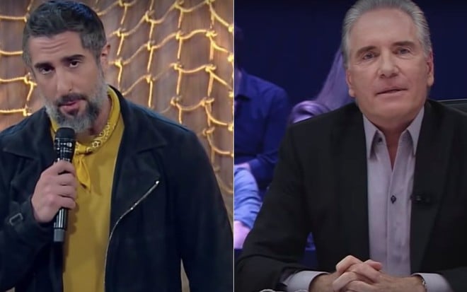 Montagem dos apresentadores Marcos Mion, no reality A Fazenda, da Record (à esquerda) e Roberto Justus no reality O Aprendiz, da Band (à direita)