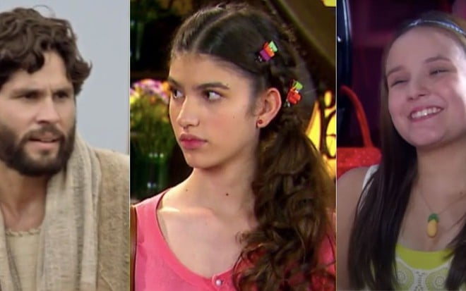 Dudu Azevedo com barba em Jesus, Samantha Grigio olha para o lado em Chiquititas e Larisssa Manoela sorri em Cúmplices