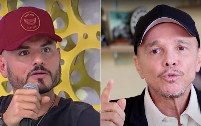 Montagem de fotos com o humorista Carlinhos Mendigo no programa Superpop, da RedeTV! (à esquerda), e o cantor Netinho (à direita) em vídeo do canal no YouTube de Eduardo Bolsonaro