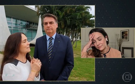 Regina Duarte ao lado de Bolsonaro em um vídeo; Gabriela Duarte assiste à cena e apoia a cabeça na mão e fecha os olhos