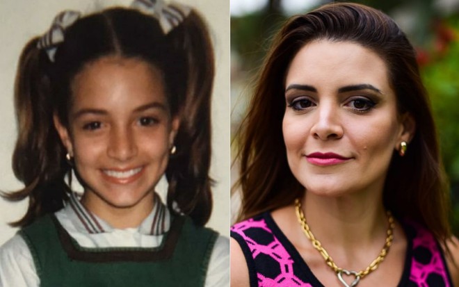 Montagem de fotos de Renata Del Bianco como Vivi em Chiquititas (1997) e em ensaio fotográfico em janeiro de 2021