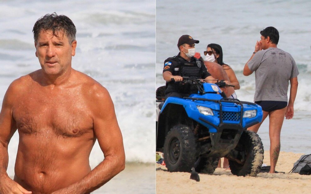 Montagem de fotos com o Renato Gaúcho após banho de mar e sendo abordado pela polícia