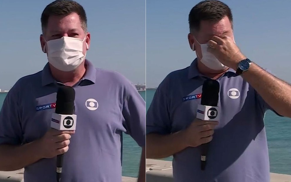 Renato Peters chorando ao vivo, de máscara branca, em uma transmissão no Catar