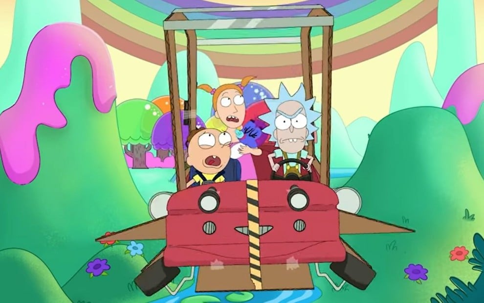 Ricky e Morty como bebês e Summer como criança em cena de Ricky e Morty