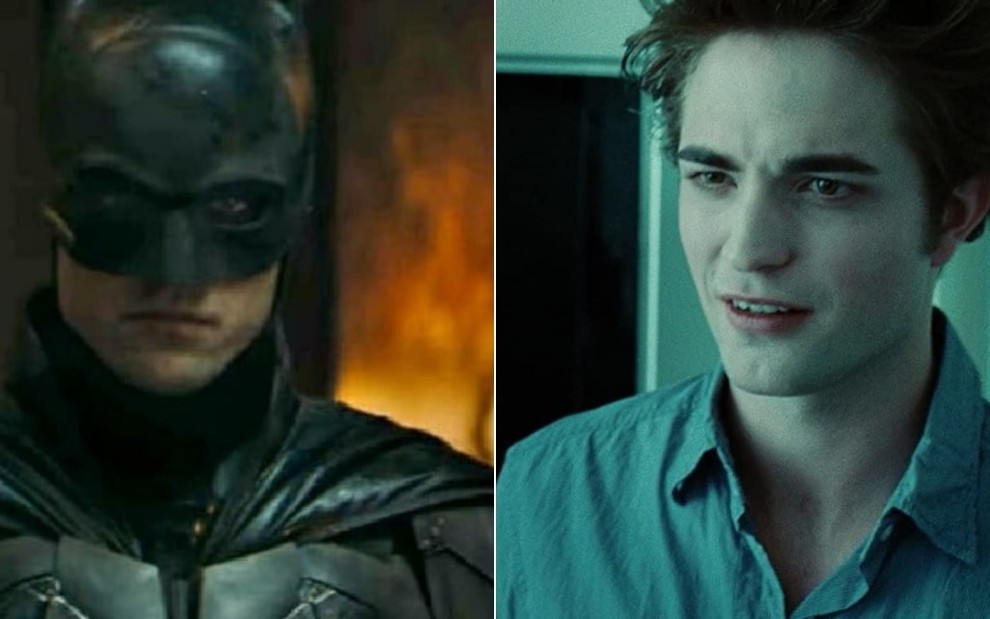 Montagem do ator Robert Pattinson caracterizado como os personagens Batman e Edward Cullen