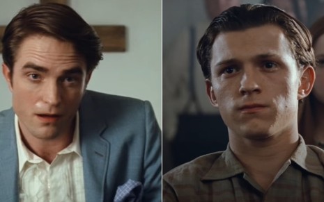 Montagem dos atores Robert Pattinson e Tom Holland, ambos com expressão séria, em cenas de O Diabo de Cada Dia