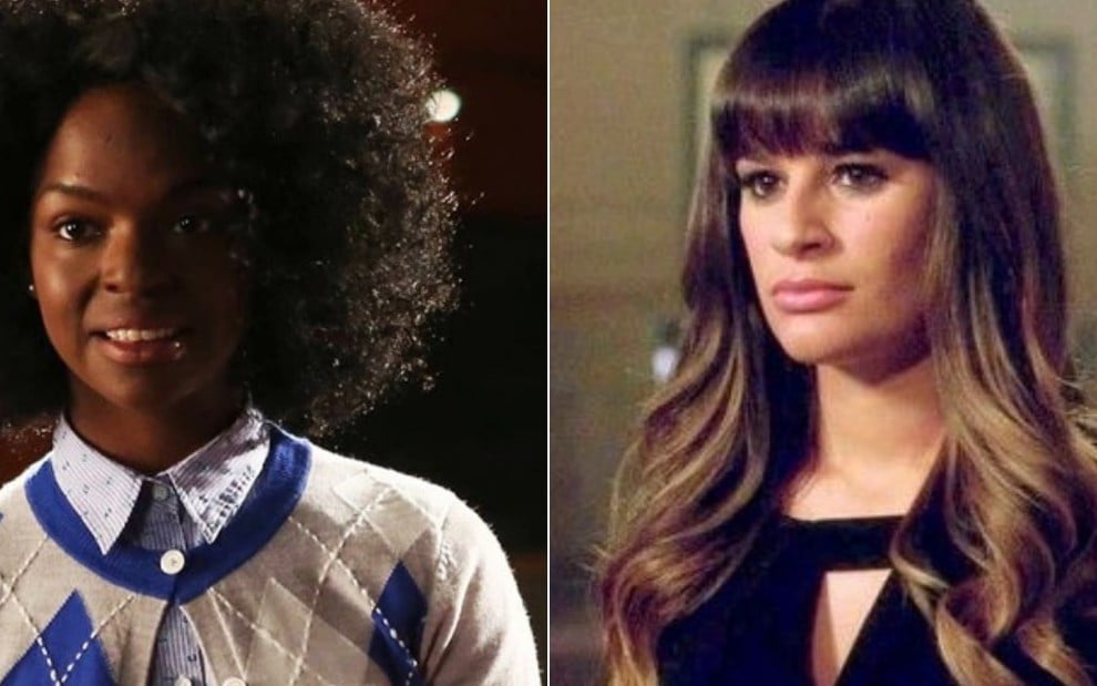 Montagem das atrizes Samantha Ware como Jane e Lea Michele como Rachel em cenas de Glee