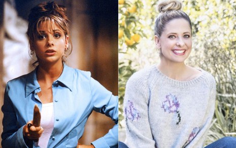Montagem com fotos de Sarah Michelle Gellar em Buffy: A Caça-Vampiros e em publicação no Instagram