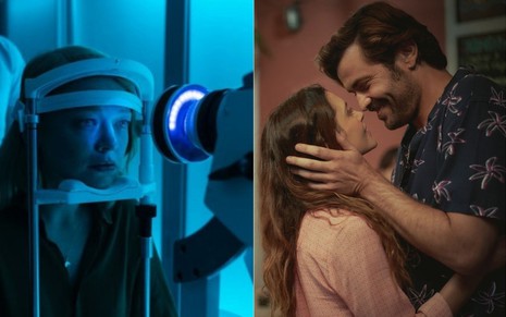 Montagem: Na primeira imagem (à esq.) Sarah Snook está numa sala azul e é submetida a um teste no olho em Soulmates; Na segunda foto, Hannah Ware e Albano Jerónimo quase se beijam em The One