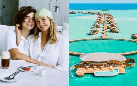 Montagem de fotos com João Figueiredo abraçando Sasha; ao lado, imagem do resort Soneva Jani, nas Maldivas