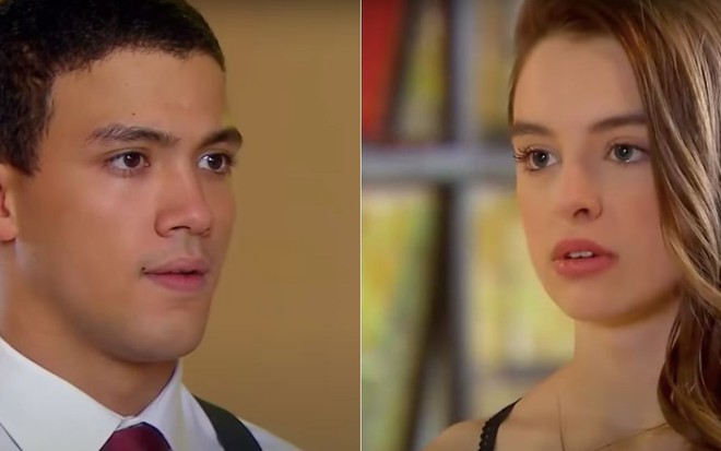 Montagem de fotos dos atores Lawrran Couto, à esquerda, Isabella Moreira, à esquerda, como os personagens Guilherme e Raquel, respectivamente em cena de As Aventuras de Poliana, do SBT