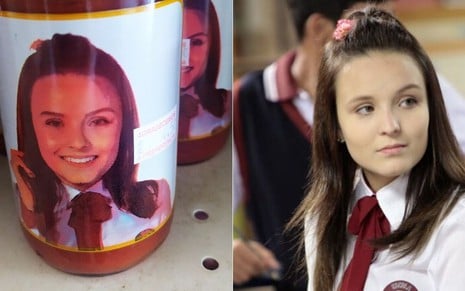 Montagem de fotos da atriz Larissa Manoela como lata de molho de tomate e como a personagem Mirela da novela As Aventuras de Poliana, do SBT