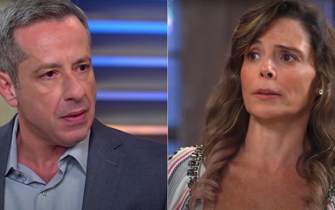 Montagem de fotos dos atores Otávio Martins (à esquerda) e Mylla Christie (à direita) em cena como os personagens Roger e Verônica em As Aventuras de Poliana, do SBT