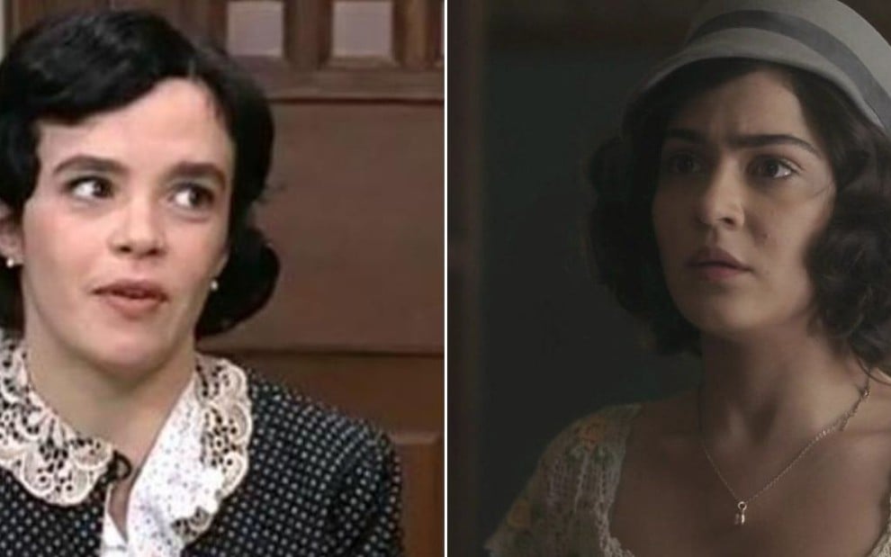 Montagem com Luciana Braga, à esquerda, como Isabel em cena de Éramos Seis (1994) em Éramos Seis; à direita, Giullia Buscacio como a personagem na versão da Globo