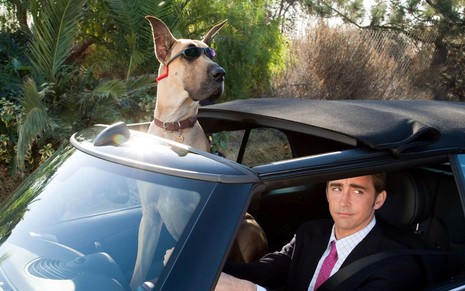 Lee Pace vivendo o personagem Phil Winslow dentro do carro ao lado de Marmaduke, o dog alemão que está usando óculos escuro