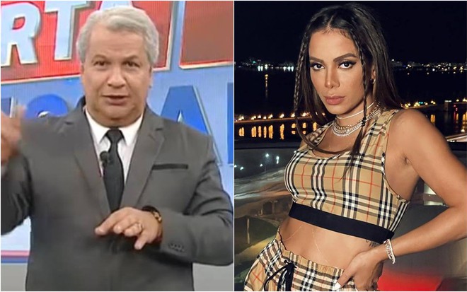 Sikêra Jr. usa terno cinza com gravata cinza e camiseta branca; Anitta usa blusa e calça xadrez com detalhes na cor amarela; ela está com o cabelo solto