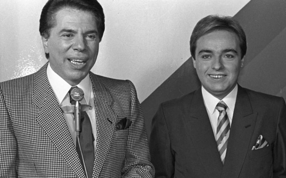 Silvio Santos e Gugu Liberato nos anos 1980, em imagem em preto e branco