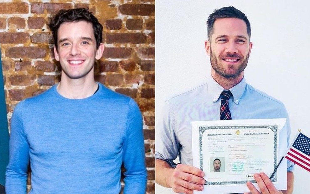 Montagem com foto dos atores Michael Urie e Luke MacFarlane publicadas em suas redes sociais