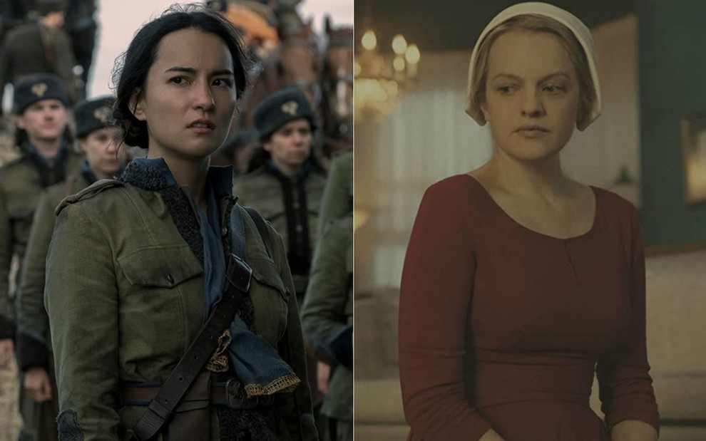 Montagem com Jessie Mei Li em cena de Sombra e Ossos e Elisabeth Moss em cena de The Handmaid's Tale