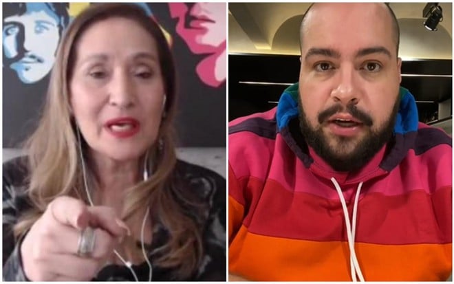 Montagem com uma foto de Sonia Abrão, que apresenta seu programa de casa, e Tiago Abravanel, em vídeo no Instagram