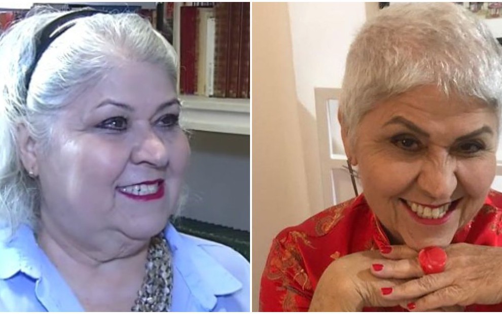 A atriz Sônia de Paula sorri em duas imagens: em 2017, mais gordinha e de camisa azul clara, e em 2020, mais magra, de blusa vermelha