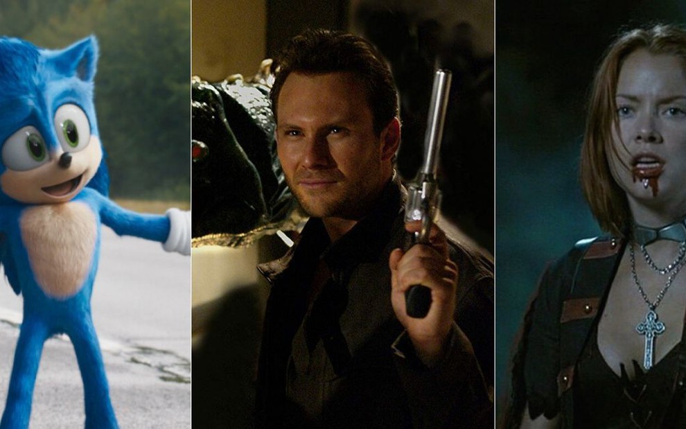 Montagem com o ouriço azul Sonic em cena de seu filme, em cartaz no cinema, o ator Christian Slater em Alone in the Dark e a atriz Kristanna Loken no fracasso BloodRayne