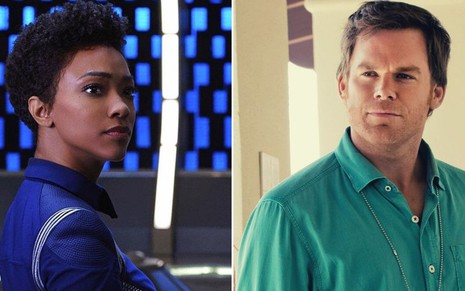 Com um roupa azul, Sonequa Martin-Green aparece em Star Trek: Discovery; ao lado está Michael C. Hall, de camisa verde, em Dexter