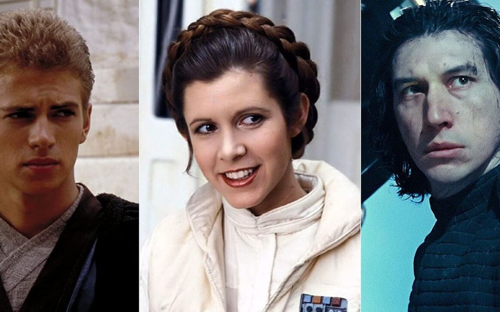 Montagem com fotos dos atores Hayden Christensen, Carrie Fisher e Adam Driver, em cenas dos filmes da franquia Star Wars