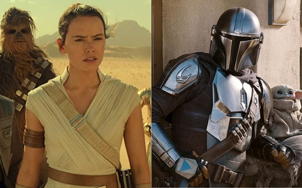 Montagem com Daisy Ridley em cena de Star Wars: A Ascensão Skywalker (2019) e Pedro Pascal em cena de The Mandalorian