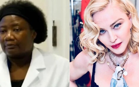Montagem de fotos de Stella Immanuel em vídeo para o YouTube (à esquerda) e Madonna nos bastidores de um show (à direita)