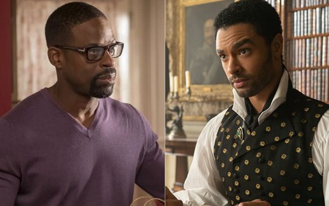 Montagem com uma foto de Sterling K. Brown em This Is Us e de Regé-Jean Page em Bridgerton