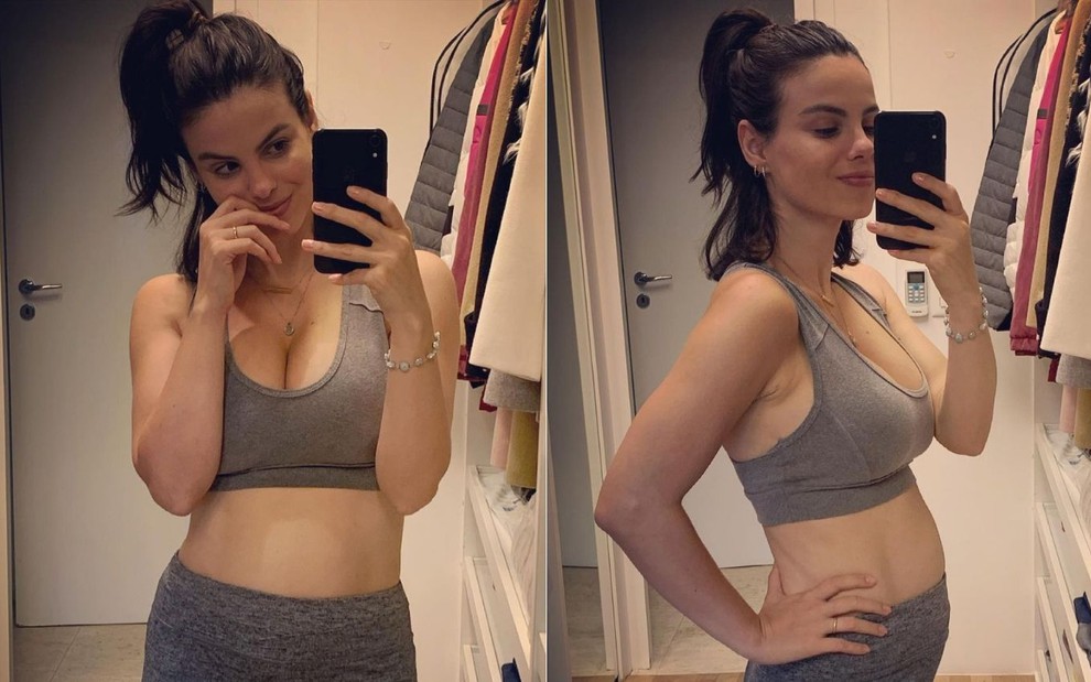 Montagem com duas fotos de Sthefany Brito publicadas no Instagram; atriz tira foto no espelho e exibe barriga
