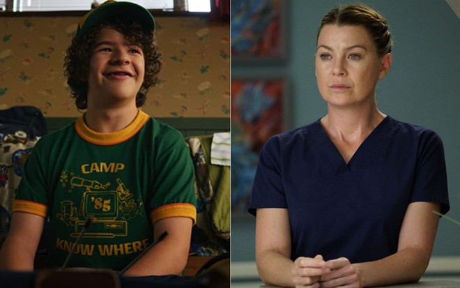 Montagem com Gaten Matarazzo em cena de Stranger Things e Ellen Pompeo em cena de Grey's Anatomy