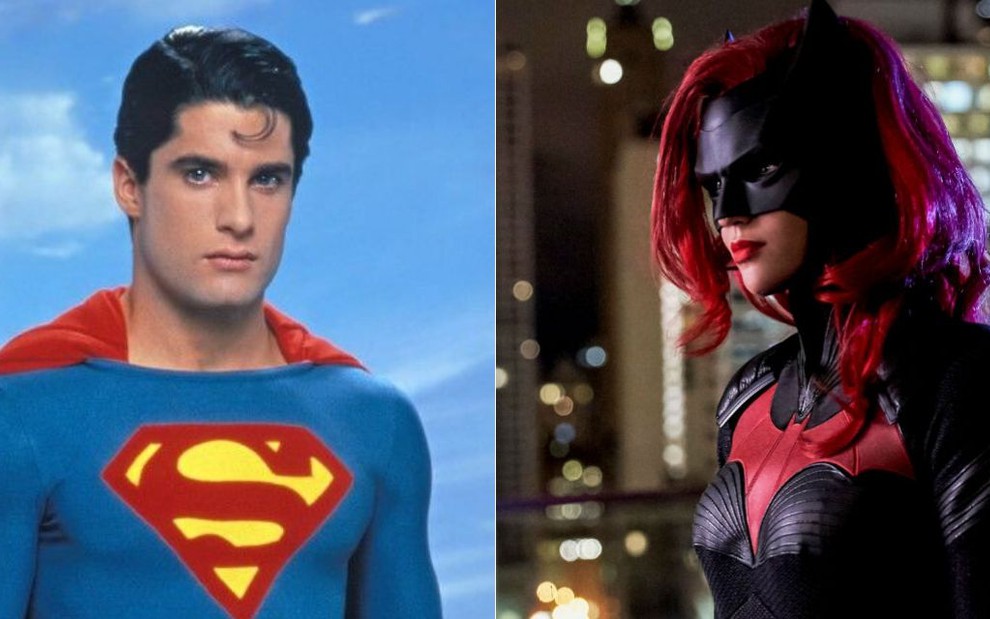 Montagem com os atores John Newton, caracterizado como o Superboy, e Ruby Rose com o traje e a peruca vermelha da Batwoman