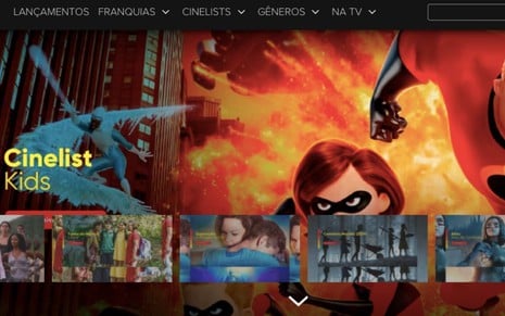 Captura de imagem da home do Telecine Play, em que aparece ao fundo a imagem do filme Os Incríveis, da Disney Pixar