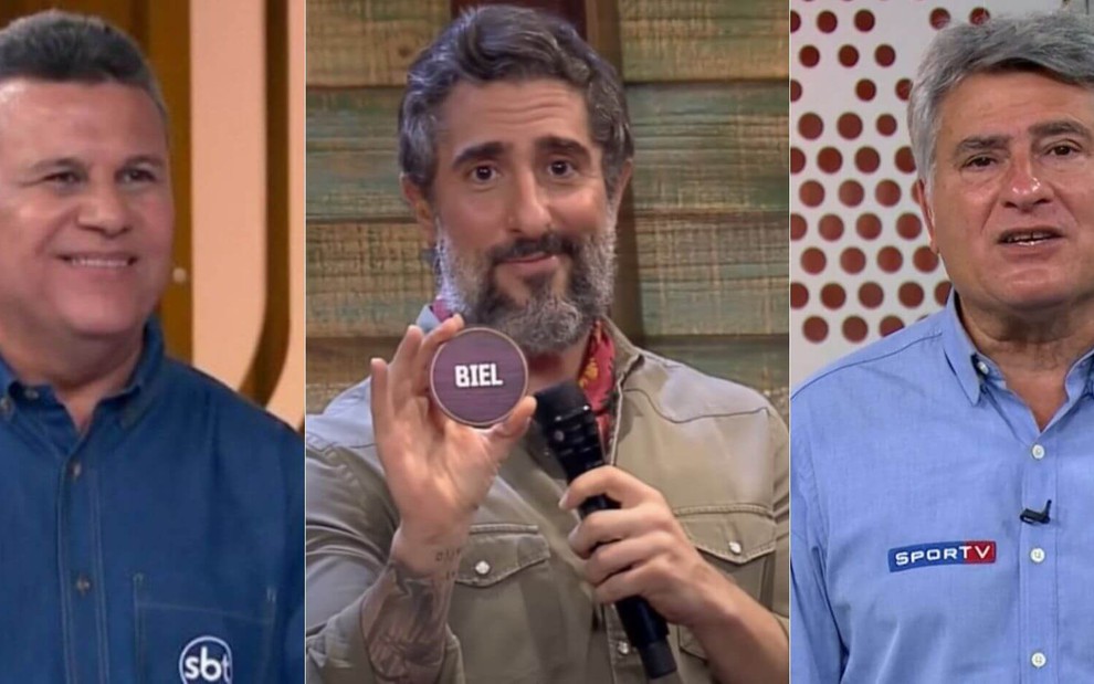 Montagem de fotos com Téo José (do SBT), Marcos Mion (da Record) e Cleber Machado (da Globo)