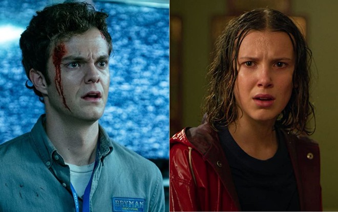 Montagem com Jack Quaid em cena de The Boys e Millie Bobby Brown em cena de Stranger Things