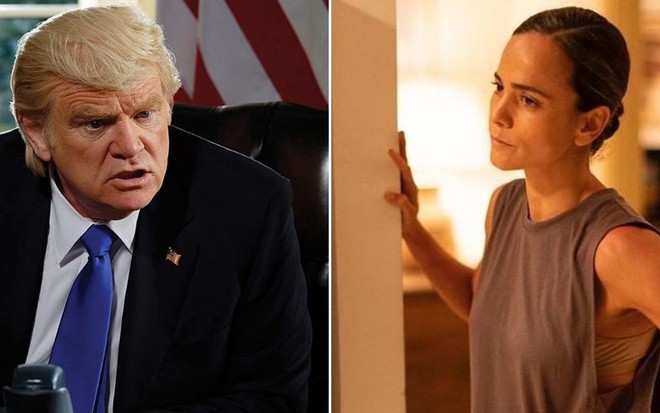 De terno, Brendan Gleeson esbraveja na pele de Donald Trump em The Comey Rule; de pé, Alice Braga se apoia em parece em série da HBO