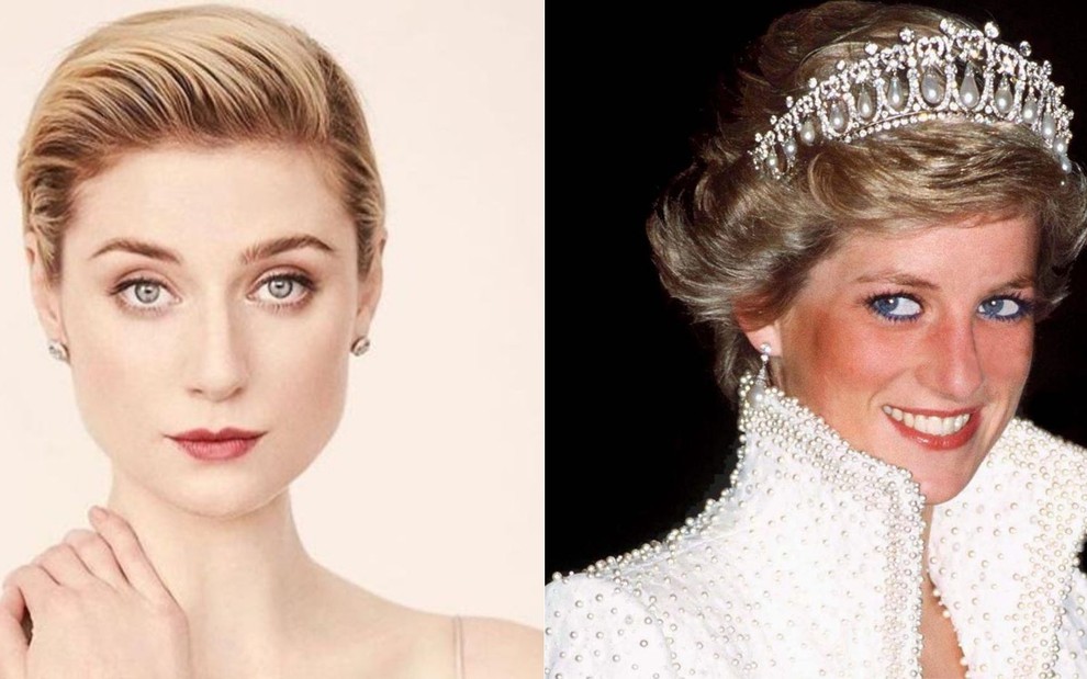 Montagem de fotos com a atriz Elizabeth Debicki e a princesa Diana com uma coroa