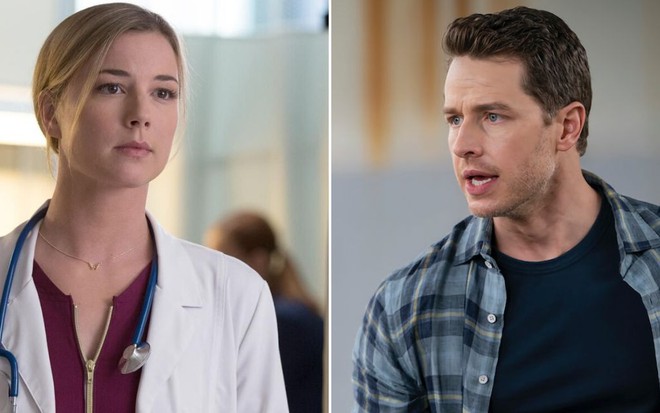 Emily VanCamp em The Resident, de jaleco branco e estetoscópio no pescoço; Josh Dallas em Manifest, de camisa desabotoada e camiseta preta