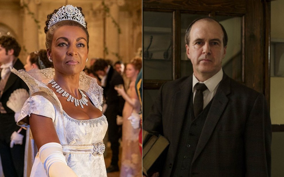 Montagem com fotos de Adjoa Andoh em cena de Bridgerton e Kevin Doyle em cena de Downton Abbey