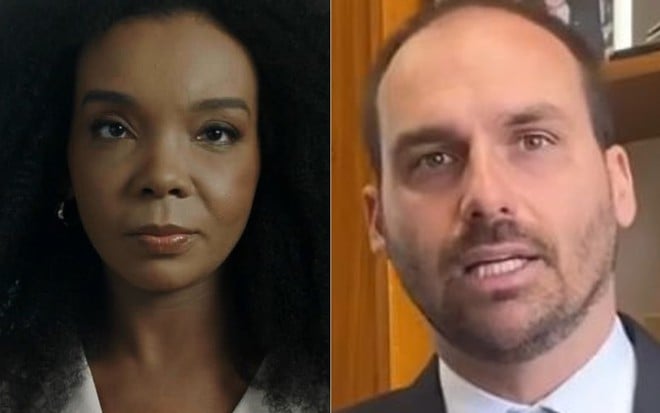 Thelma Assis de cabelo solto e maquiada; Eduardo Bolsonaro de terno e gravata no gabinete