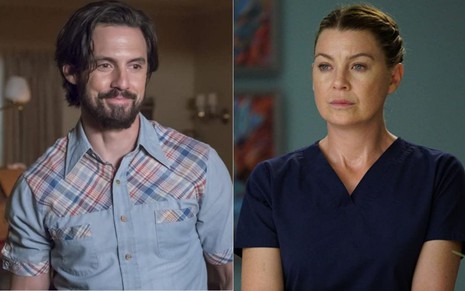 Montagem com fotos de Milo Ventimiglia em This is Us e Ellen Pompeo em Grey's Anatomy