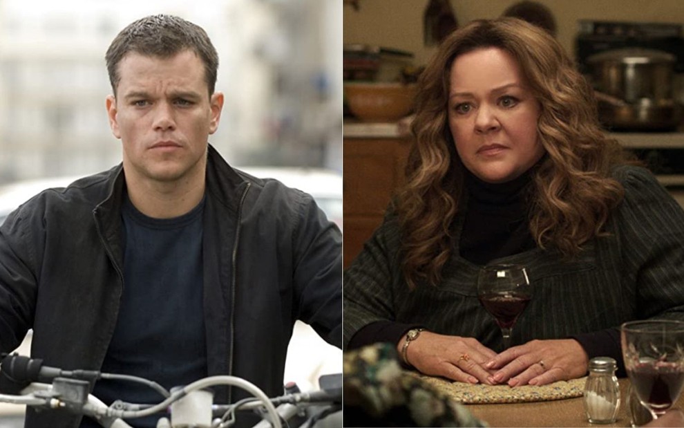Montagem com Matt Damon dirigindo uma moto em cena do filme O Ultimato Bourne e Melissa McCarthy em cena de Rainhas do Crime