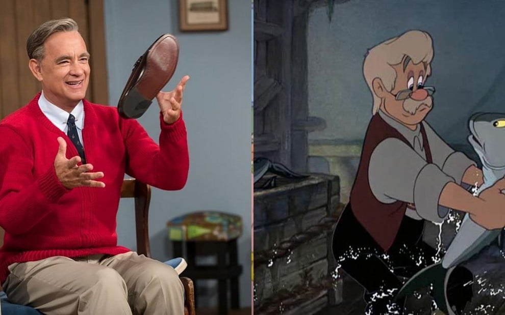 Tom Hanks em Um Lindo Dia na Vizinhança (2020) e o personagem Geppetto na animação de Pinóquio (1940)
