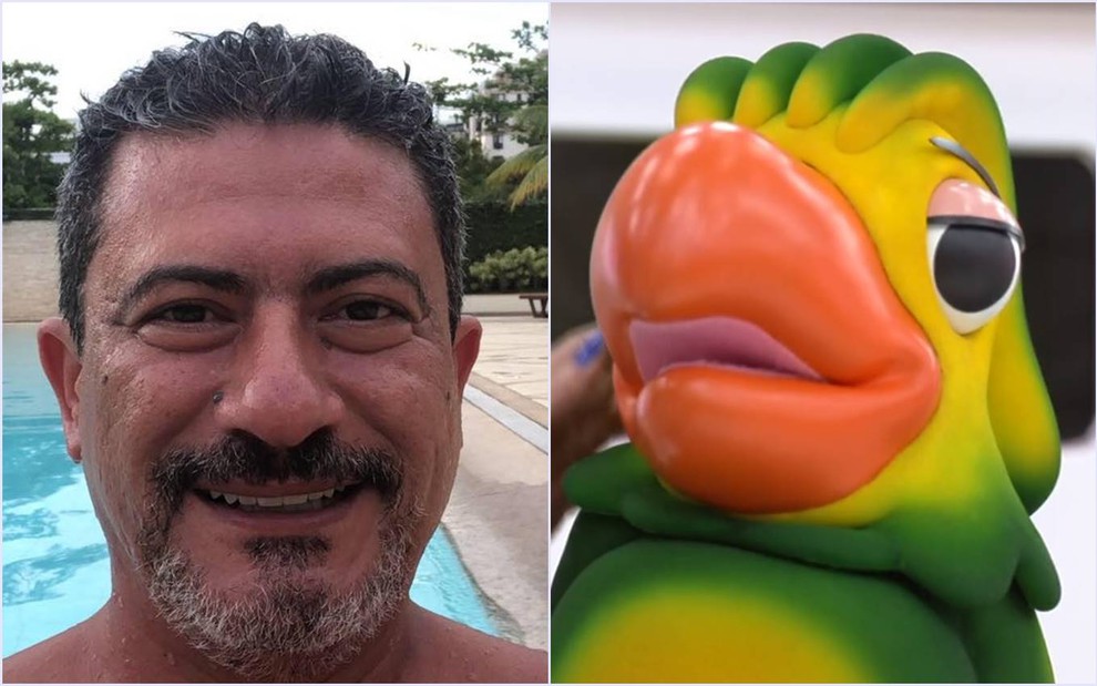 A esquerda: Tom Veiga aparece sorridente, ao fundo uma piscina. A direita: uma foto de Louro José o papagaio interpretado por Tom Veiga