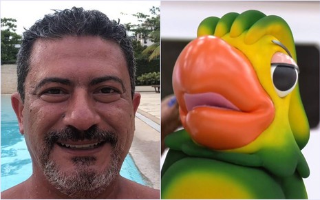 A esquerda: Tom Veiga aparece sorridente, ao fundo uma piscina. A direita: uma foto de Louro José o papagaio interpretado por Tom Veiga